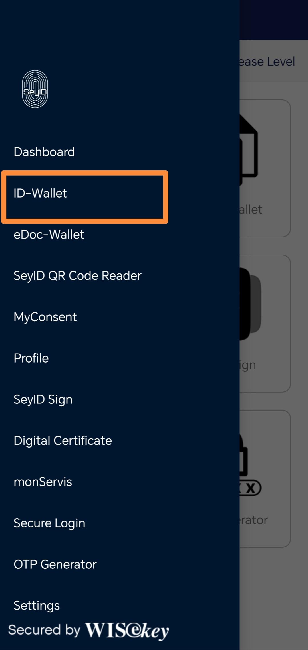 SeyID menu with ID-Wallet highlighted