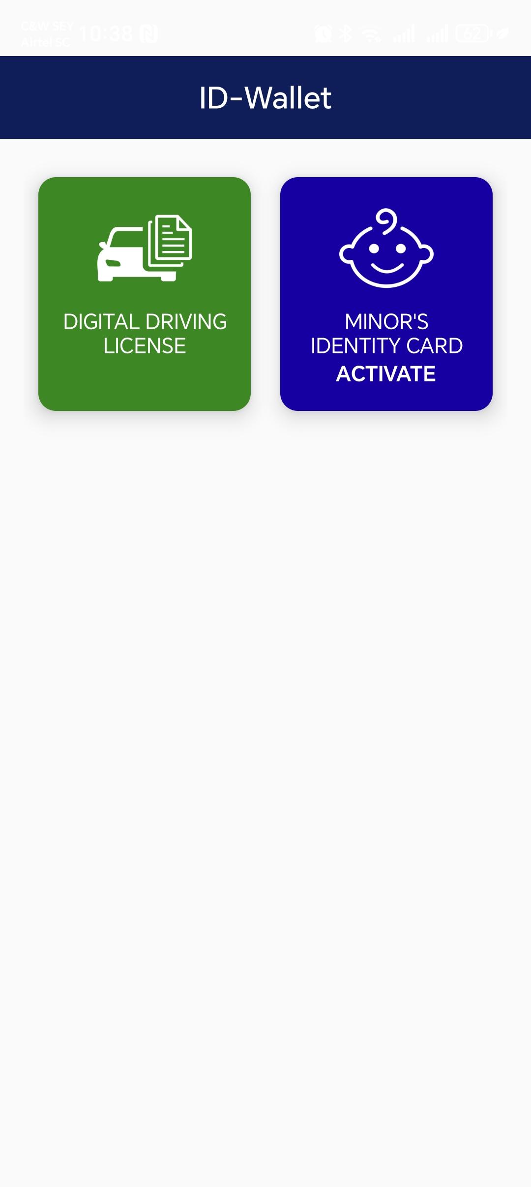 Screen showing Minor's Identity Card Activate option