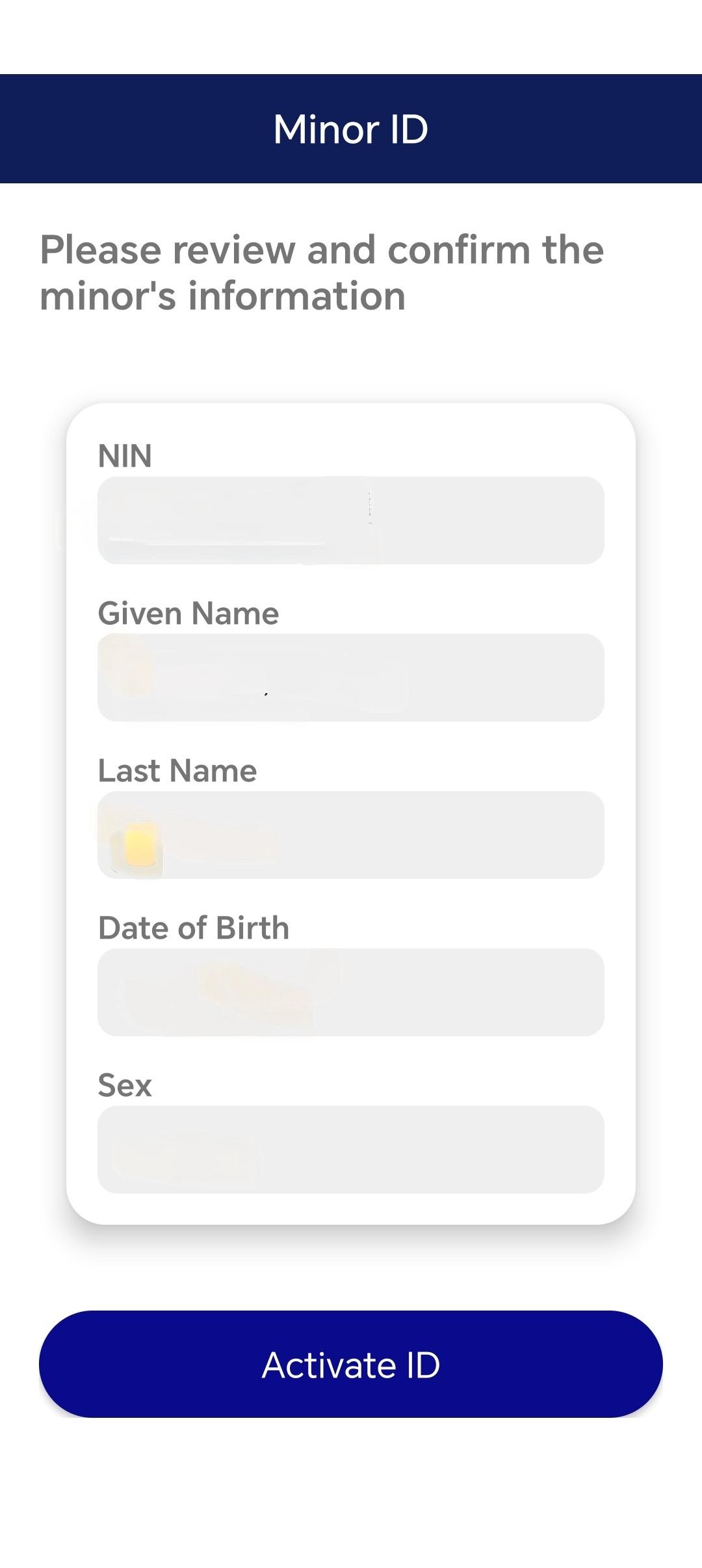 Confirm the minor's details before activation