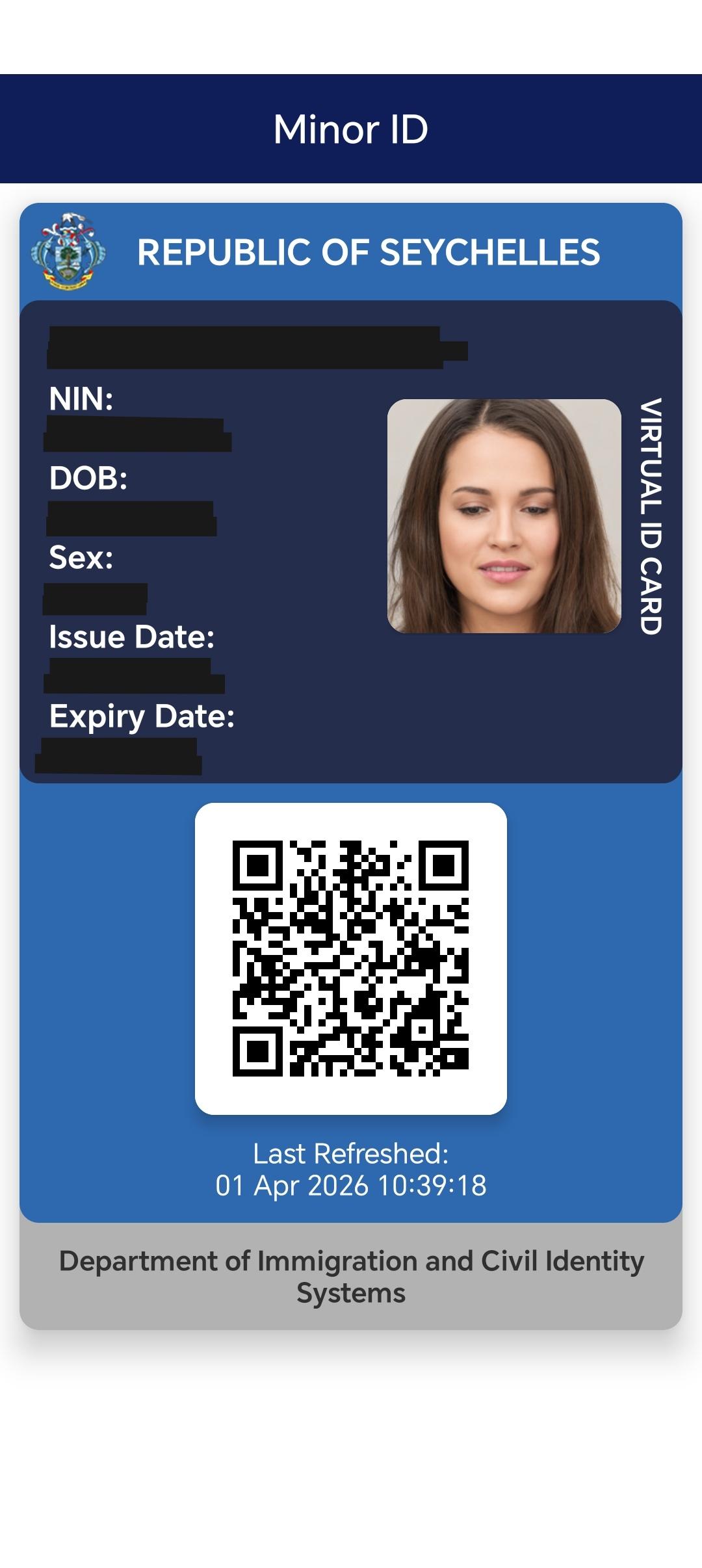 Minor ID virtual card with QR code
